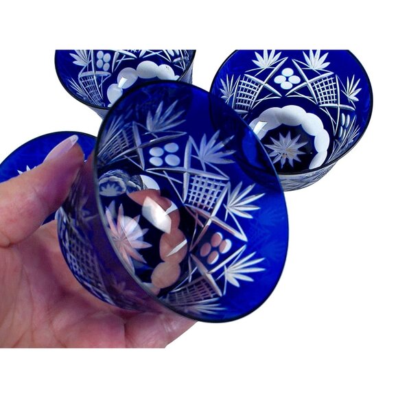 Edo Kiriko Cobalt Blue Cut to Clear Crystal Drinkware Set - Picture 2 of 5